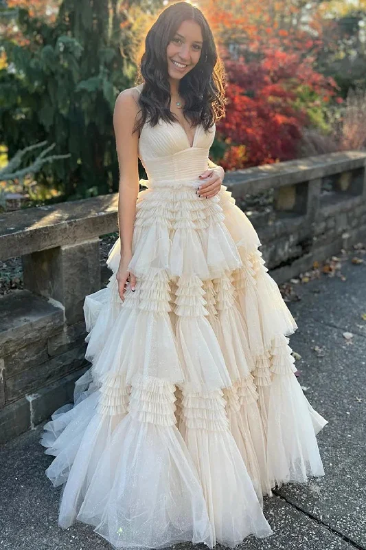 Your Chance to Save is Now!Beige Tulle Tiered Spaghetti Straps Long Prom Dress with Slit Your Chance to Save is Now!Beige Tulle Tiered Spaghetti Straps Long Prom Dress with Slit