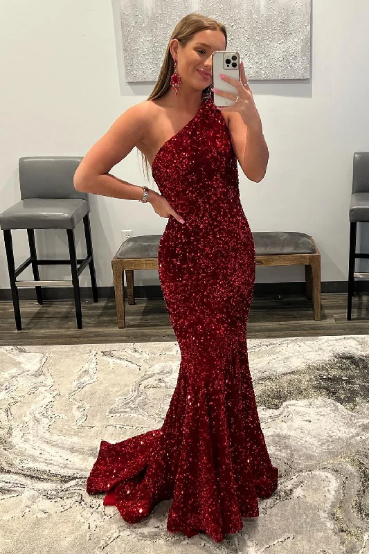 Hurry, Sale Ends Soon!Burgundy Mermaid Sequins Long Prom Dress