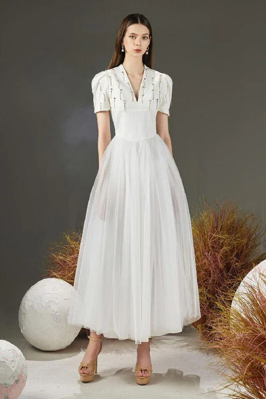 Everything Must Go!Cosmo Gathered V-Neck Mesh Taffeta Ankle Length Dress