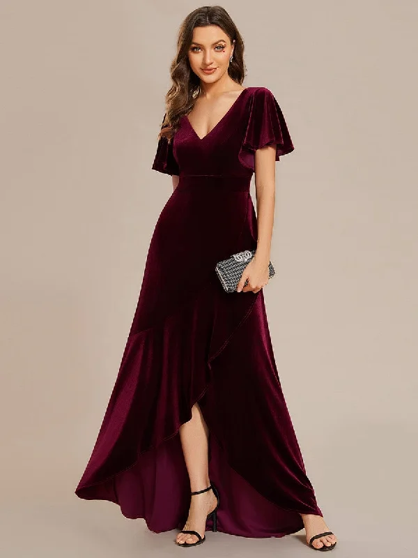Save Money, Shop Happy!Double V-Neck Short Sleeves Stretchy Velvet Evening Dress with Lotus Leaf Hem