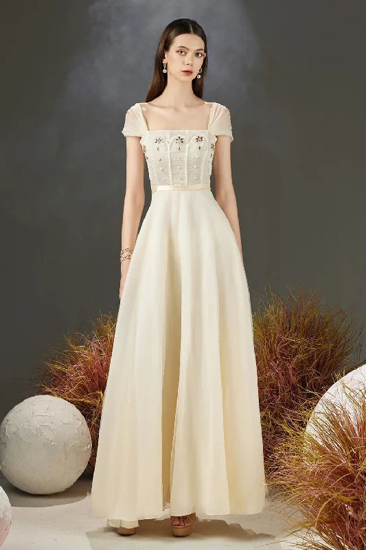 Crazy Discounts Inside!Farlay A-line Pleated Sleeved Organza Maxi Dress