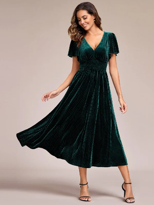 Your Discount is Waiting!Graceful V-Neck Waist Design Short Sleeves Fall Velvet Midi Wedding Guest Dress