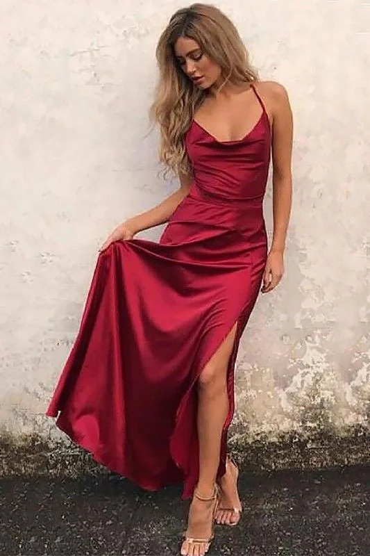 Find Your Perfect Deal Today!Halter Satin Burgundy Long Prom Dress with Slit