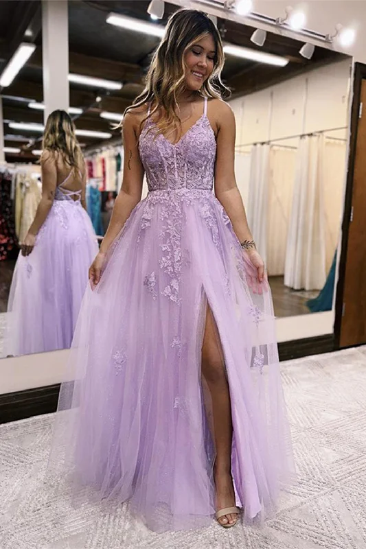 Everything Must Go!Lilac A-Line Spaghetti Straps Lace Long Prom Dress with Slit