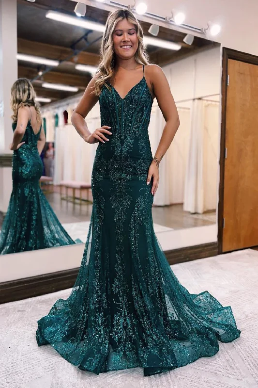 Shop Before It’s Gone!Mermaid Corset Peacock Green Long Prom Dress with Appliques