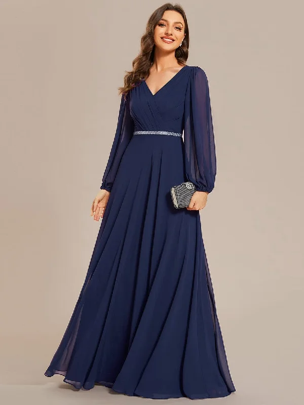 Unlock Huge Savings Now!Pleated Double V-Neck Long Sleeves Shiny Belt Chiffon Evening Dress