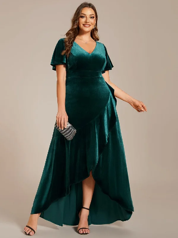 Get More for Less!Plus Size Lotus Leaf Hem A-Line V-Neck Ruffles Sleeve Velvet Evening Dress