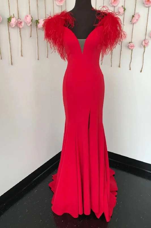 One Click Away from Big Savings!Red Mermaid Long Prom Dress with Feathers