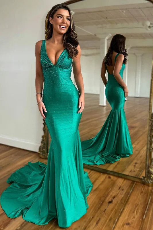 Every Deal is a Steal!Sparkly Green Beaded Mermaid V-Neck Backless Long Prom Dress