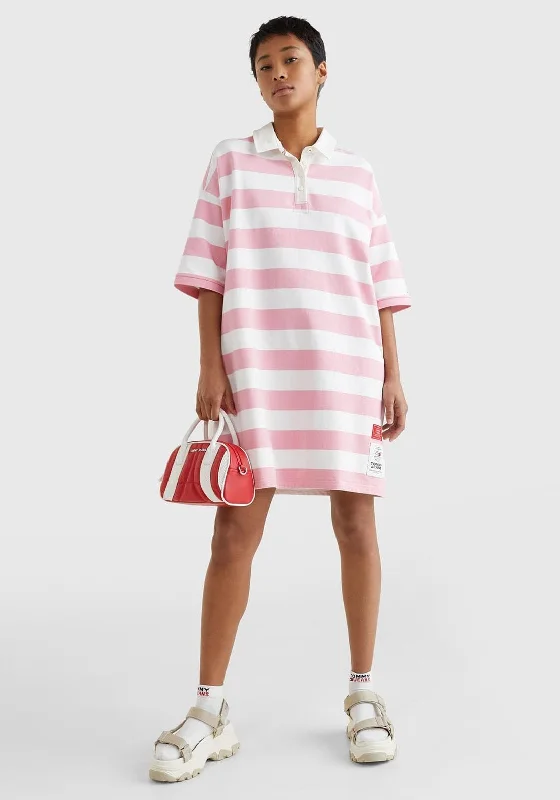 Must-Have Deals Inside!Tommy Jeans Womens Rugby Polo Shirt Dress, Pink & White