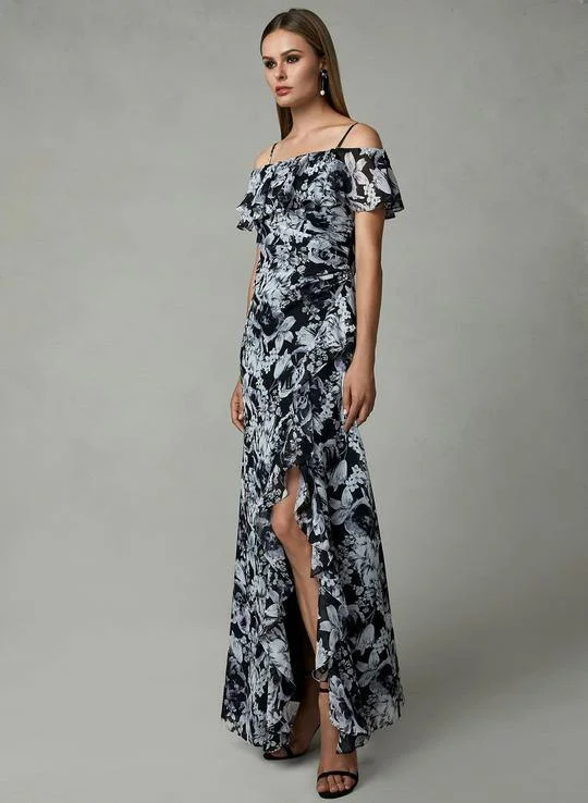 One Click Away from Big Savings!Cachet Long Formal Floral Print Ruffled Slit Dress 59689