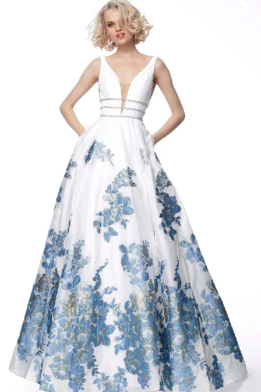 Get More for Less!Jovani 67037 Low V-Neck Floral A-Line Long Dress