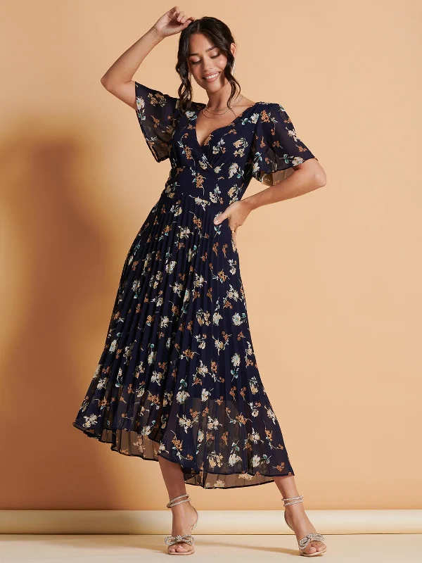 Amazing Prices You Can’t Resist!Angel Sleeve Pleated Chiffon Maxi Dress, Navy Floral