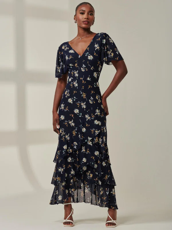 More Discounts, More Joy!Angel Sleeve Tiered Hem Maxi Dress, Navy Floral