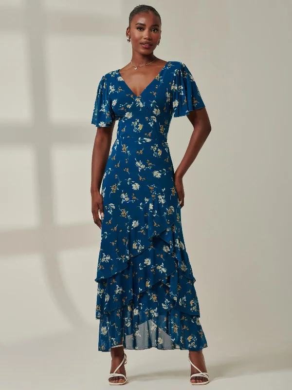 Unmissable Offers Await!Angel Sleeve Tiered Hem Maxi Dress, Teal Floral