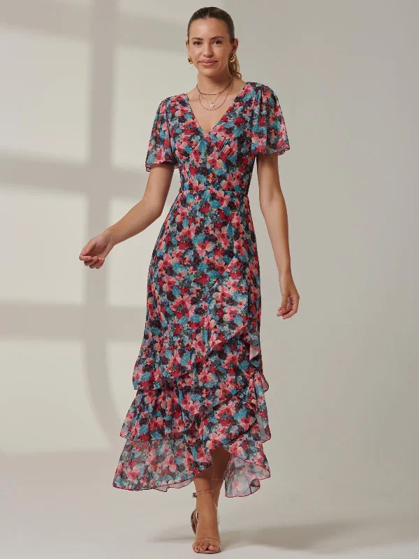 Limited Stock Available!Angel Sleeve Tiered Hem Maxi Dress, Teal Multi
