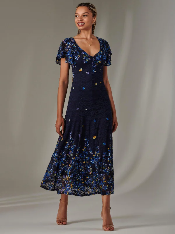 Get the Best for Less!Cap Sleeve Lace Maxi Dress, Blue Multi
