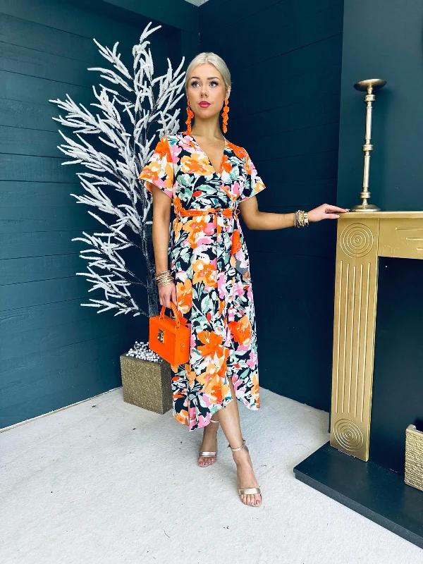 Massive Price Cuts!Farrah Split Hem Frill Detail Maxi Dress Floral Orange
