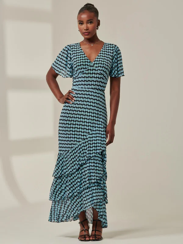Biggest Sale of the Season!Geo Print Tiered Maxi Dress, Blue Geo