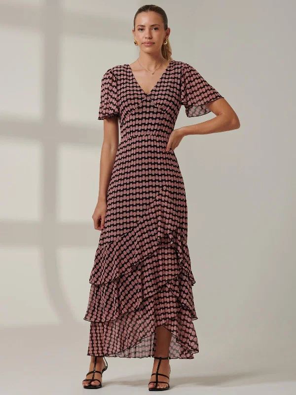 Instant Savings Await!Geo Print Tiered Maxi Dress, Pink Geo
