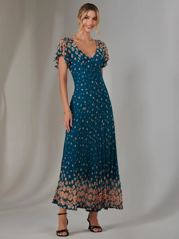 Save Up to 50% Off!Gina Mirrored Print Mesh Maxi Dress, Teal Multi