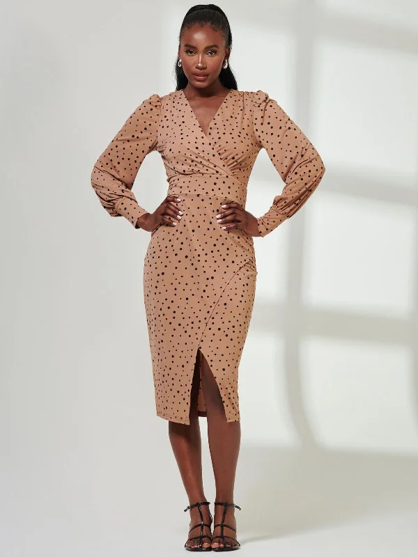 Snag the Best Prices Now!Jersey Wrap Slit Pencil Dress, Black Spot