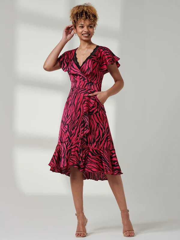 Incredible Savings Inside!Julissa Satin Flare Hem Dress, Magenta Animal