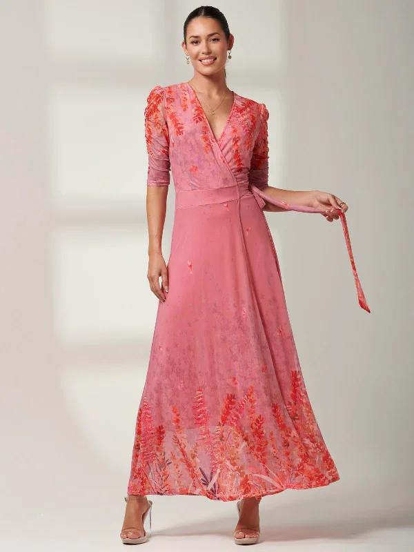 Biggest Sale of the Season!Kinley Print Wrap Mesh Maxi Dress, Pink Multi