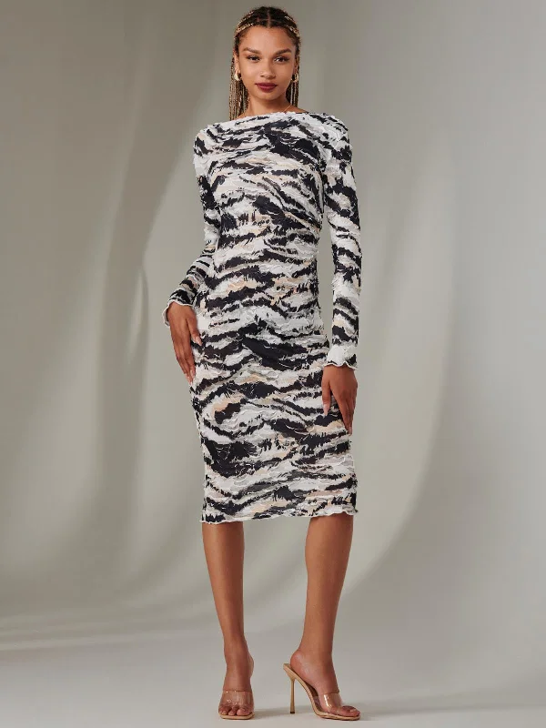 Unbeatable Prices!Long Sleeve Textured Midi Dress, Black Abstract