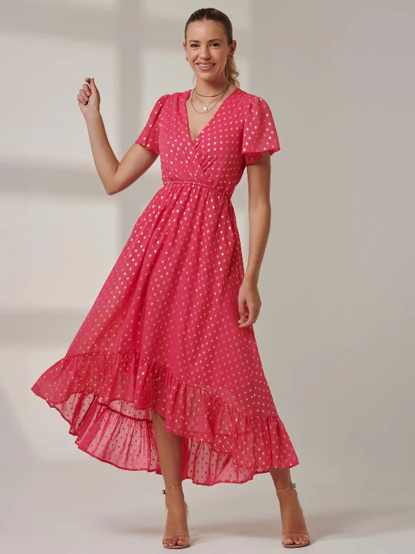 Stock Up and Save!Metallic Effect Angel Sleeve Maxi Dress, Fuschia/Gold