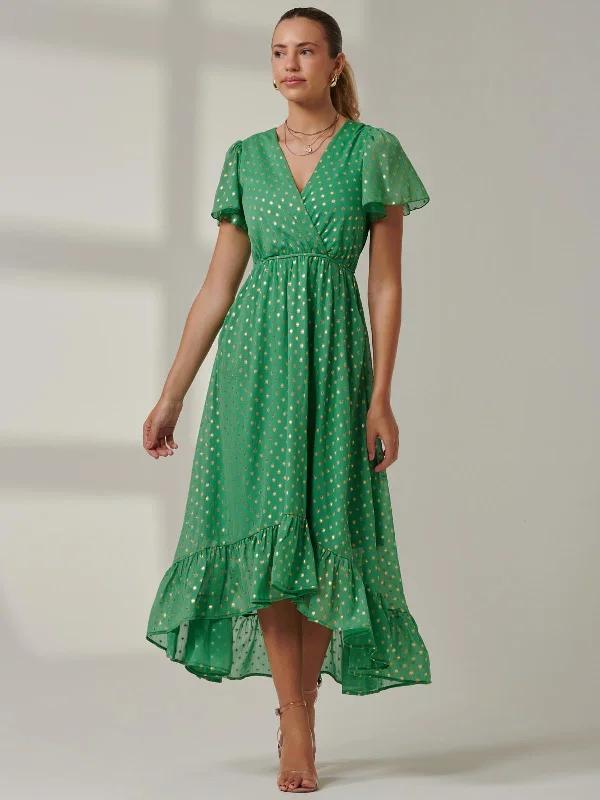 The Best Offers Are Here!Metallic Effect Angel Sleeve Maxi Dress, Green/Gold