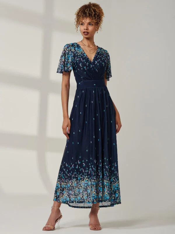 Don’t Wait – Deals Won’t Last!Mirrored Mesh Angel Sleeve Maxi Dress, Blue Floral