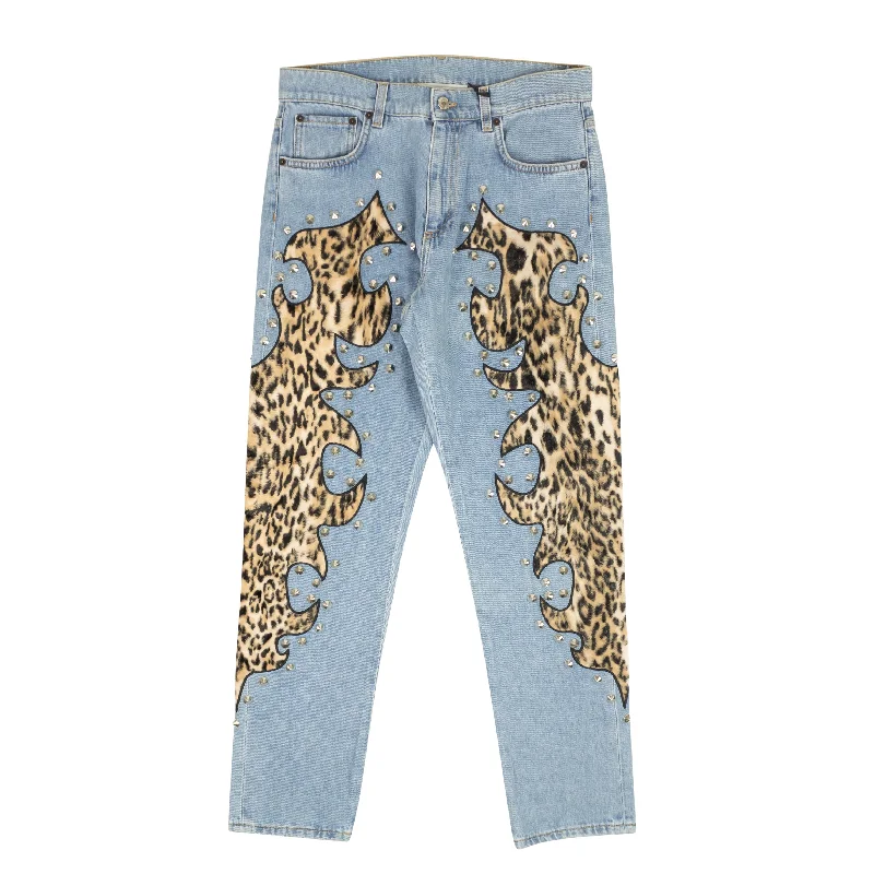 Your Best Deals Are Here!NWT MOSCHINO COUTURE Blue Leopard Flame Detail Jeans