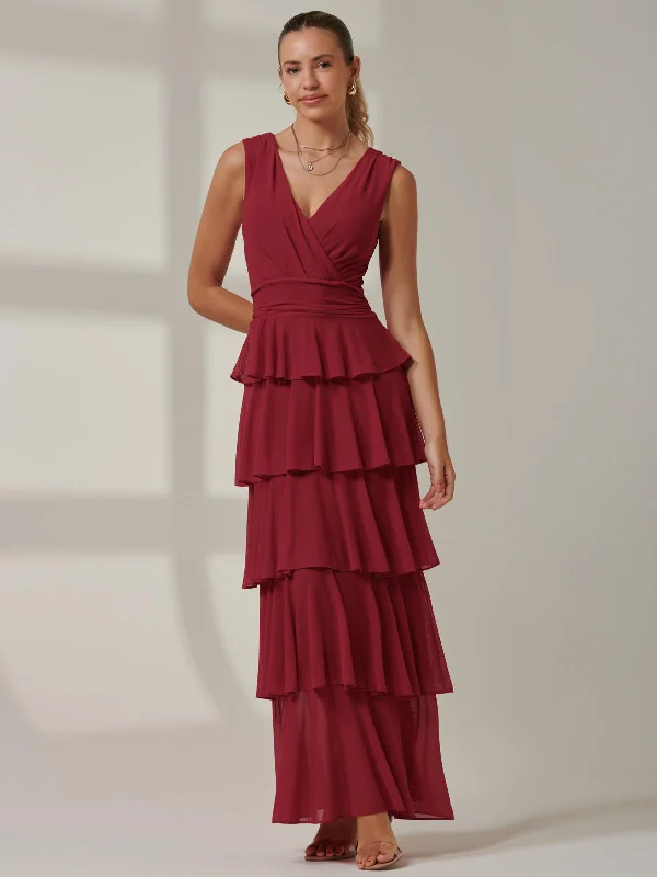 Mega Sale Happening Now!Plain Tiered Mesh Maxi Dress, Burgundy