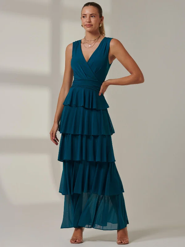 Only a Few Left – Order Now!Plain Tiered Mesh Maxi Dress, Petrol Blue