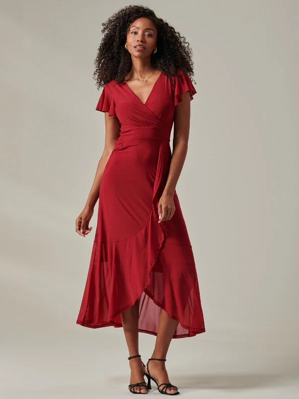 One Day Only – Huge Savings!Plain Wrap Mesh Maxi Dress, Burgundy
