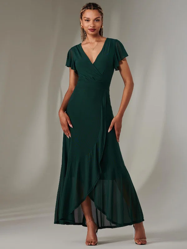 Hottest Discounts of the Year!Plain Wrap Mesh Maxi Dress, Dark Green