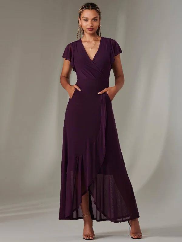 Act Fast – Limited Time Savings!Plain Wrap Mesh Maxi Dress, Dark Purple