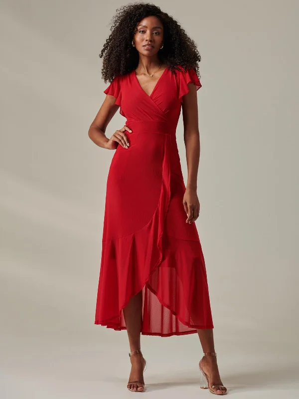 Find the Best Deals Here!Plain Wrap Mesh Maxi Dress, Red