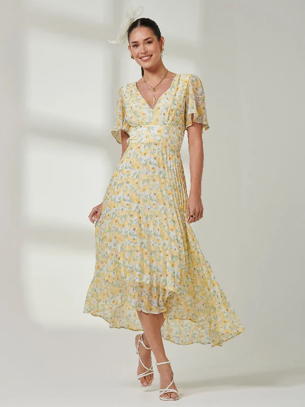 Sale Alert – Get Ready to Shop!Pleated Dip Hem Chiffon Midaxi Dress, Yellow Floral