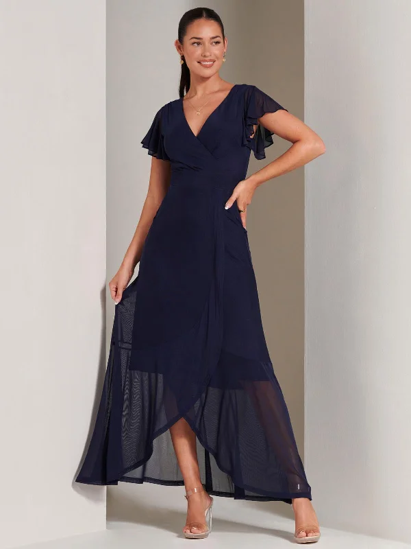 Find the Best Deals Here!Racquell Plain Frill Mesh Maxi Dress, Navy