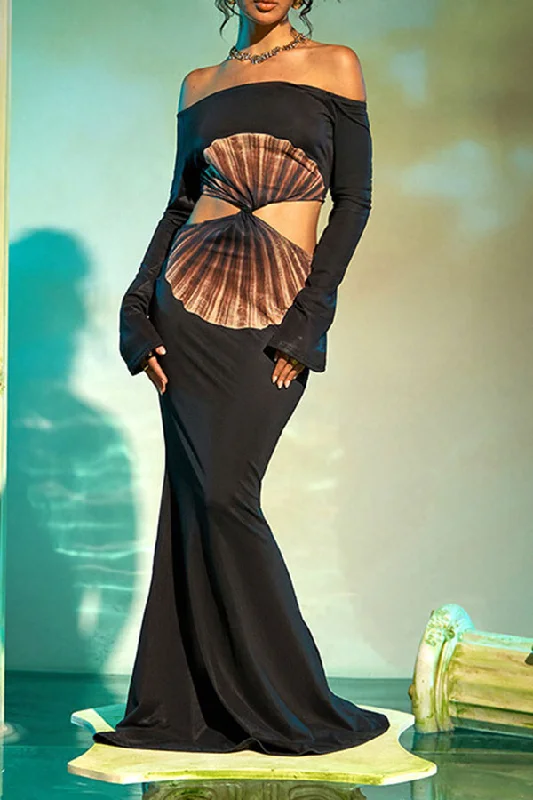 Save Money, Shop Happy!Abstract Print Off Shoulder Unique Twisted Cutout Maxi Dress