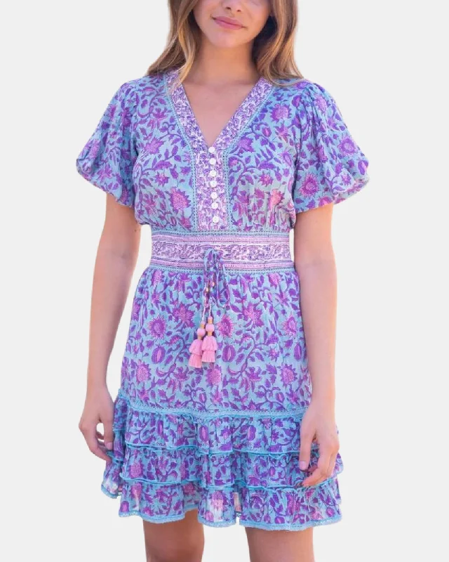 Shop More, Spend Less!ANNALISE MINI DRESS IN TEAL PURPLE PRINT