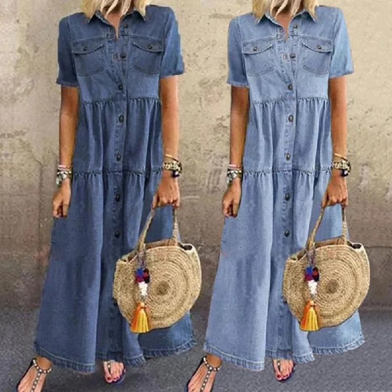 One Click Away from Big Savings!Ariella™ Vintage Denim Style Maxi Dress