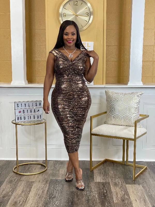 Hot Deals You Can’t Resist!Bedazzling Sequin Off Shoulder Midi Dress (Bronze)