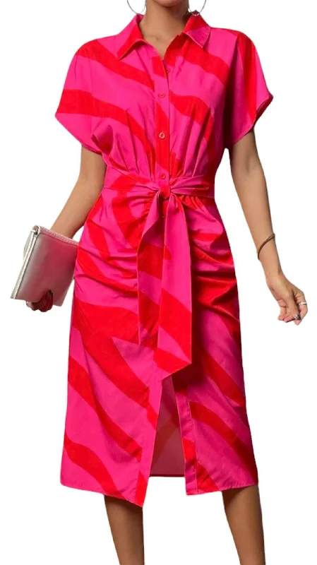 The Best Deals Won’t Wait!Button Down Knit Midi Dress With Tie In Pink