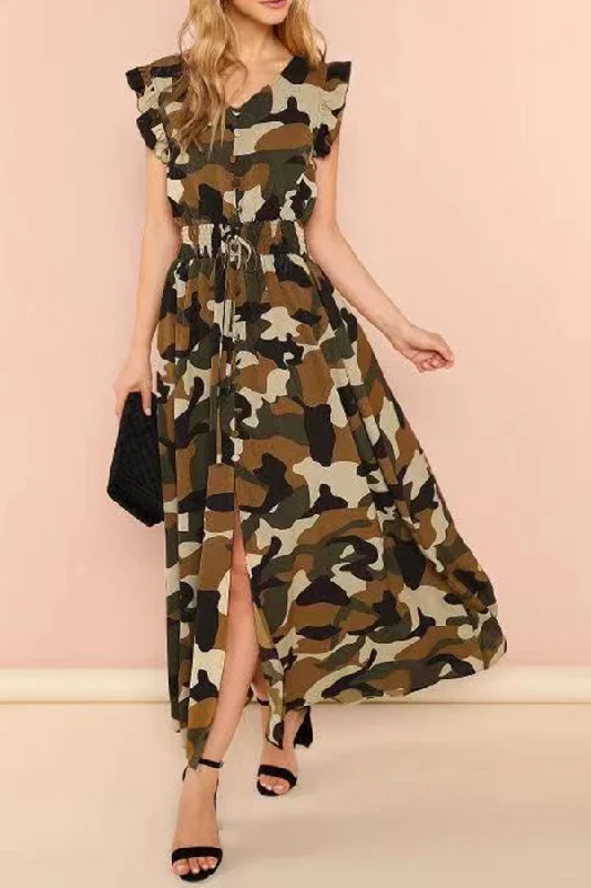Special Discounts Inside!Camouflage Unique Ruffles Single Breasted A-Line Maxi Dress