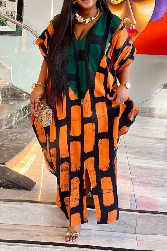 Time to Snag a Bargain!Color Block Graphic Print Relaxed V Neck Maxi Dress