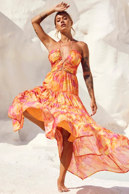 Limited Edition, Limited Price!Dreamy Sun Maxi Dress - Orange Multi