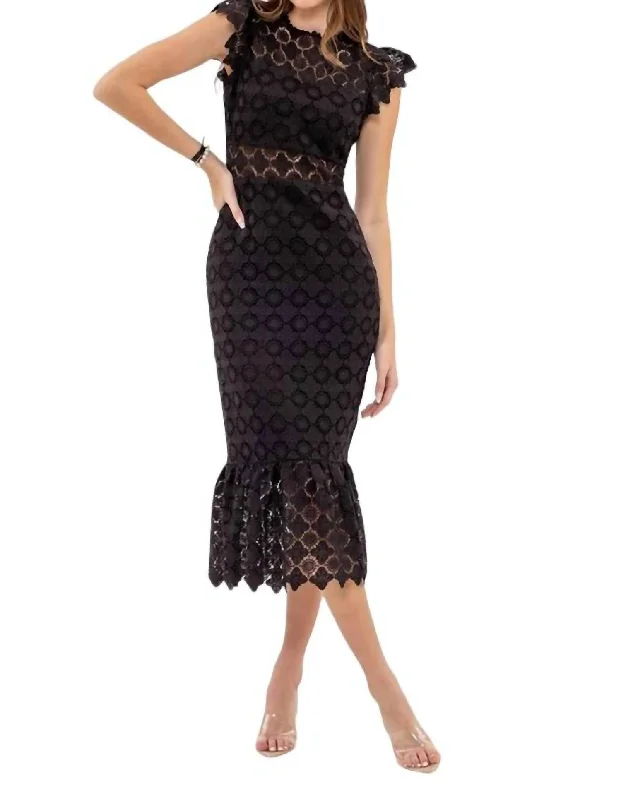 Crazy Discounts Inside!Eyelet Lace Ruffle Midi Dress In Black